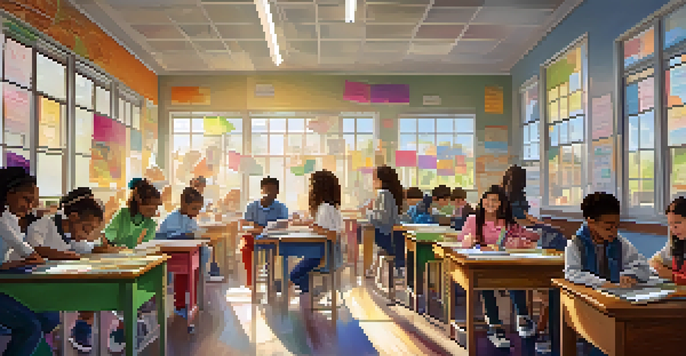 A classroom with diverse students actively participating in STEM activities, with sunlight illuminating their work.