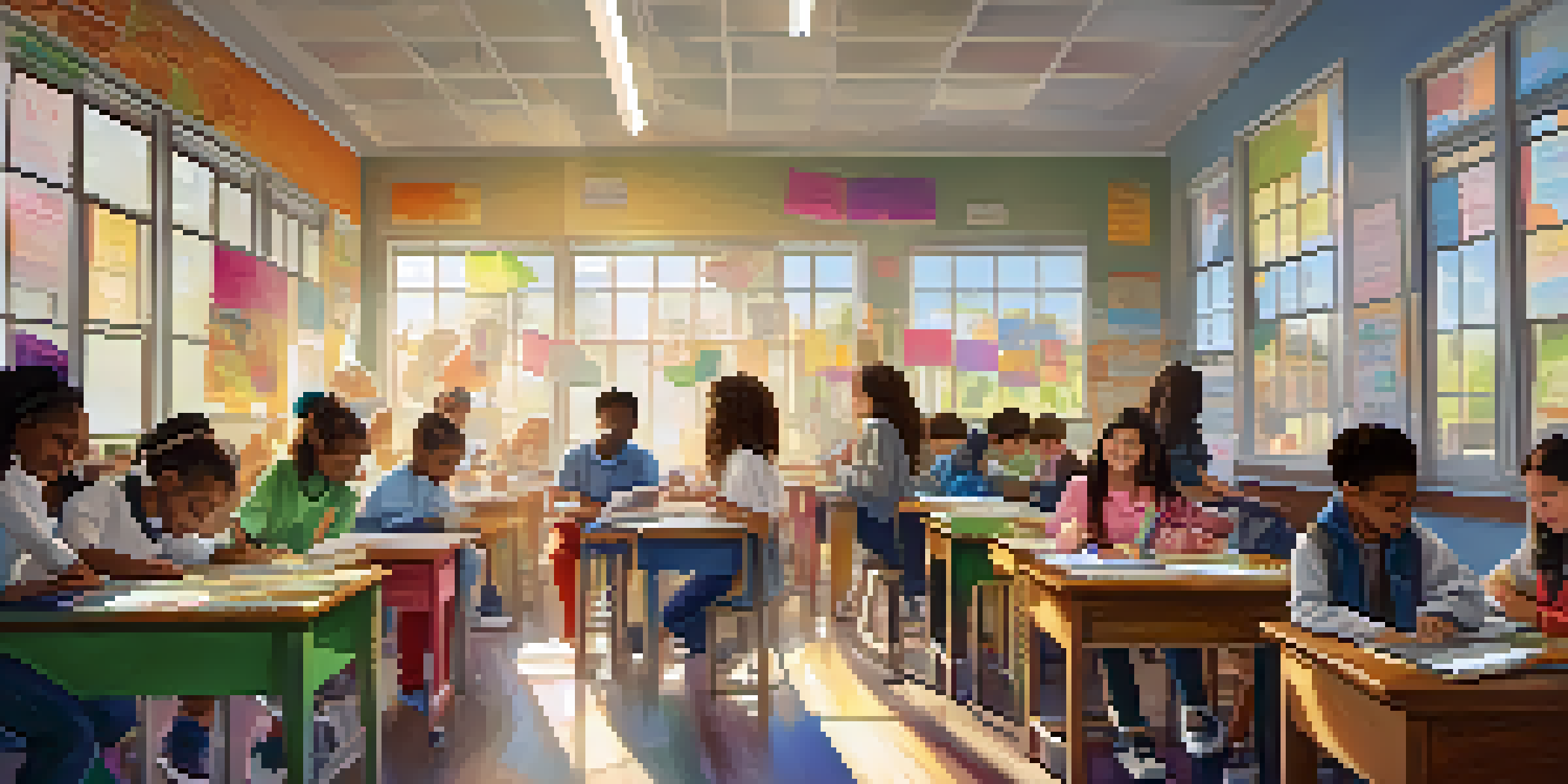 A classroom with diverse students actively participating in STEM activities, with sunlight illuminating their work.