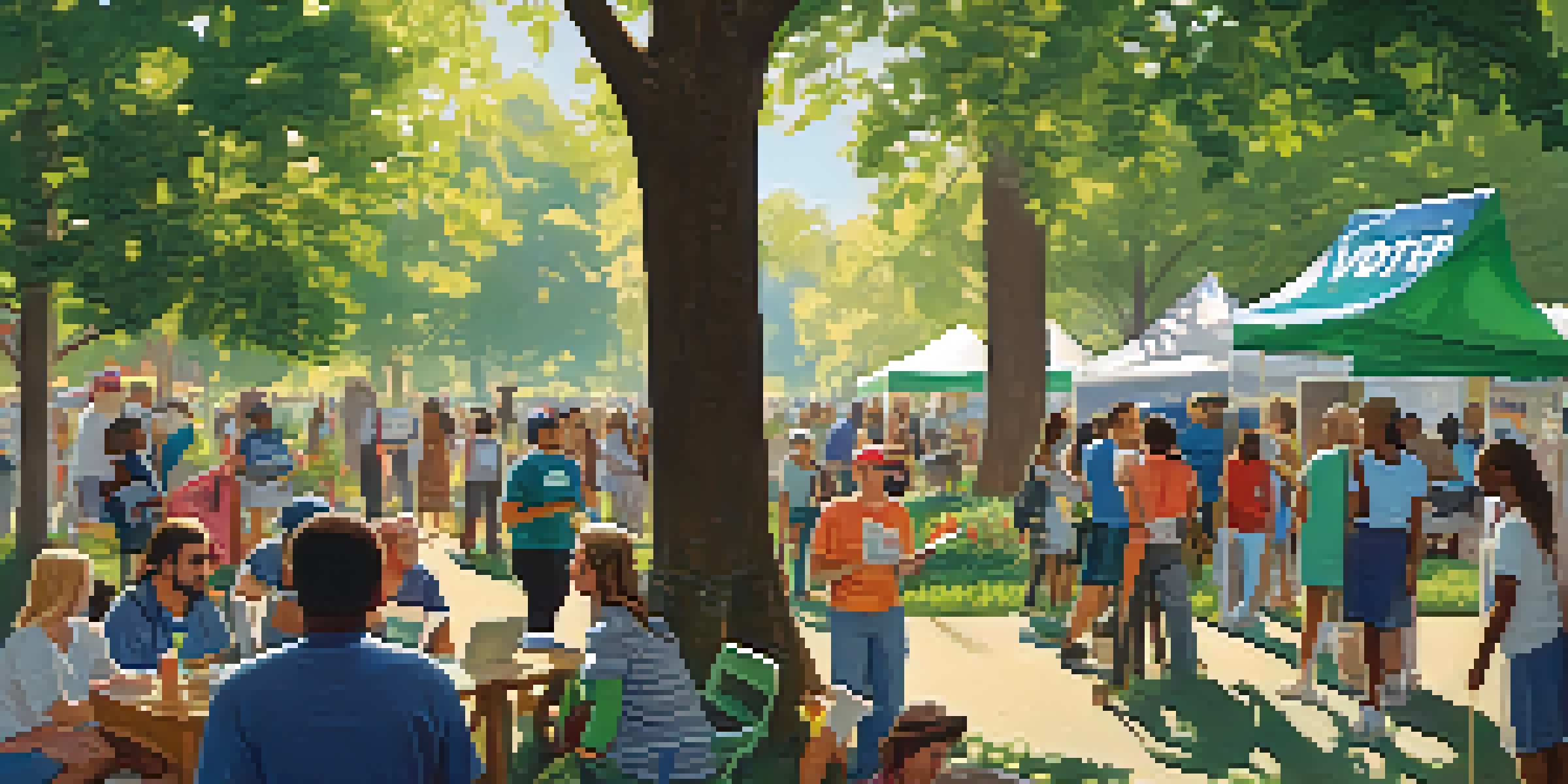 A diverse group of people in a park discussing voter registration, with colorful banners and pamphlets.