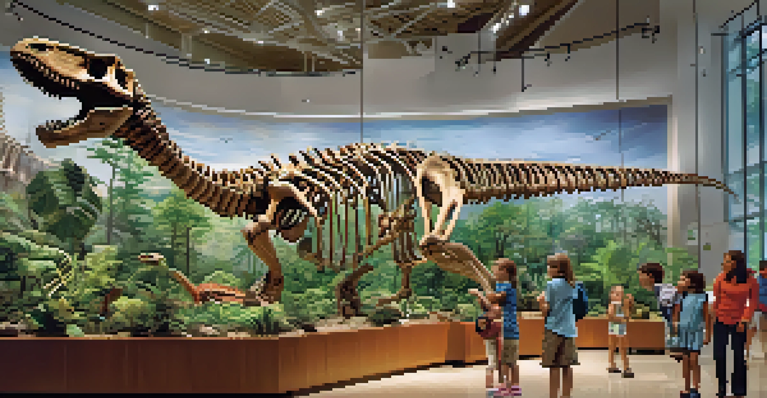 An inside view of the North Carolina Museum of Natural Sciences with a dinosaur skeleton and families interacting with exhibits.