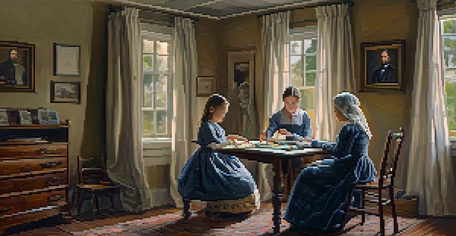 A family scene in Raleigh during the Civil War, depicting a mother sewing a Confederate flag with her children in a warm, modest home.