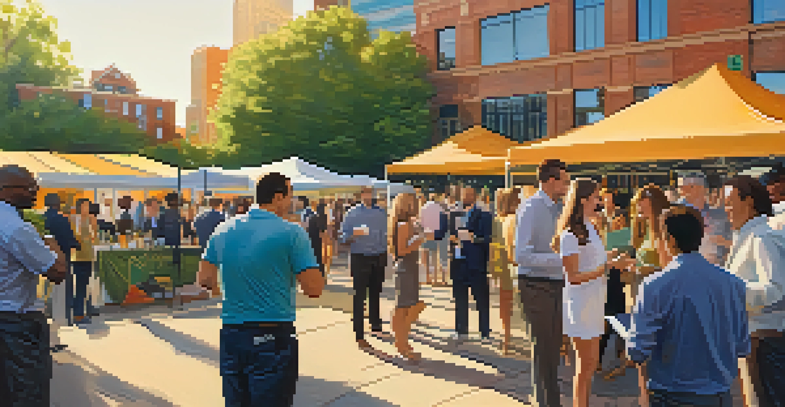 An outdoor networking event with people mingling and exchanging ideas in a vibrant setting.