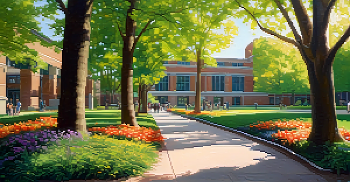 A lively university campus with students studying and collaborating outdoors among trees and flowers, under soft sunlight.