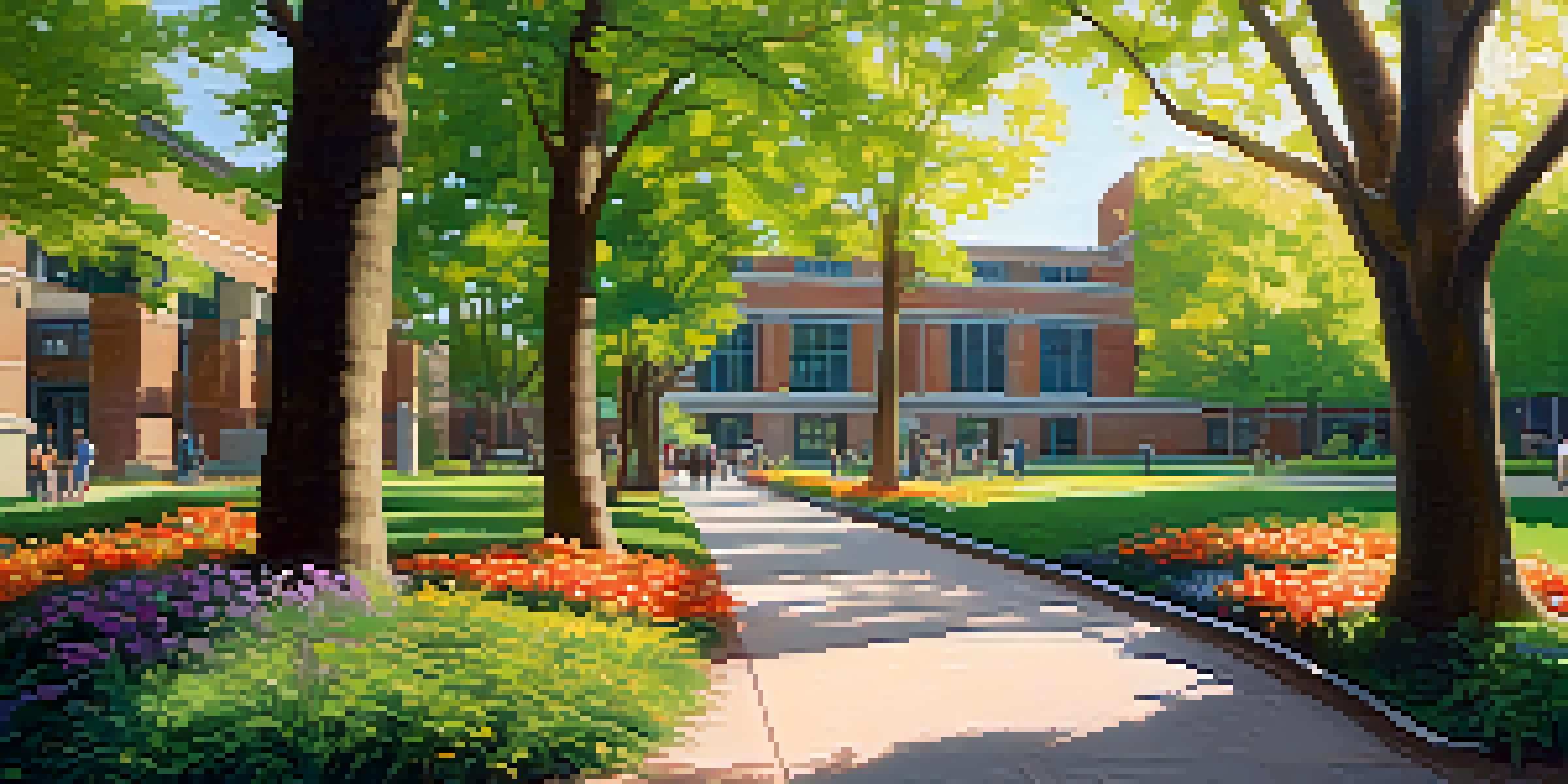 A lively university campus with students studying and collaborating outdoors among trees and flowers, under soft sunlight.