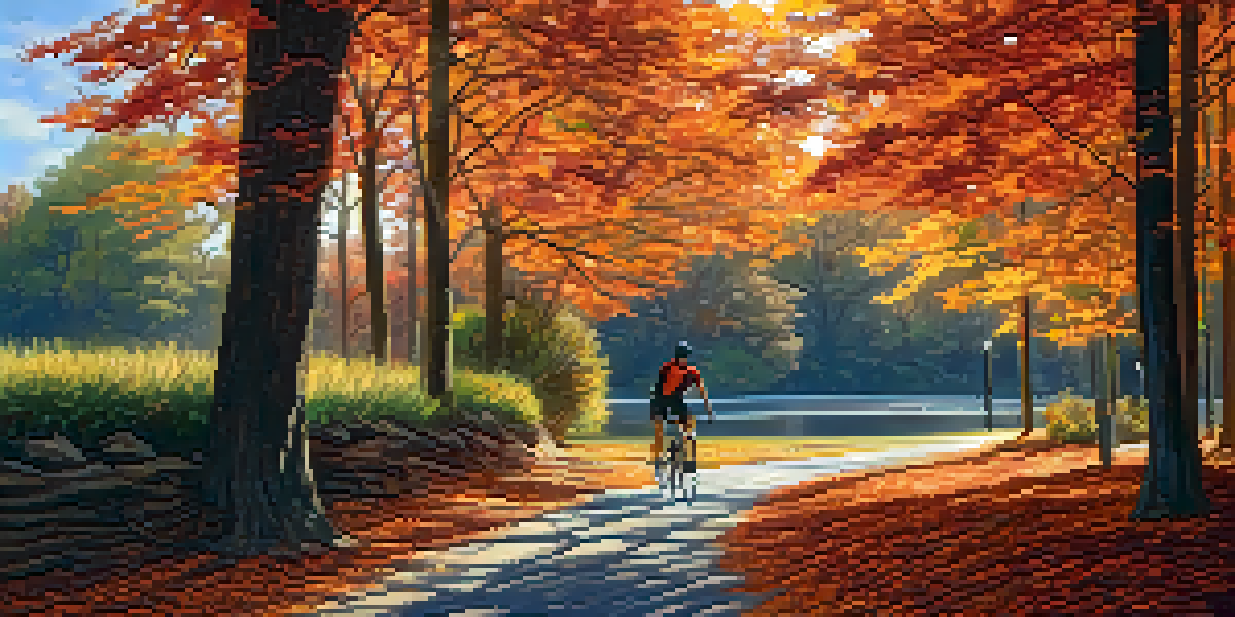 A picturesque autumn scene of the Neuse River Trail with colorful leaves, a cyclist on the path, and sunlight filtering through trees.