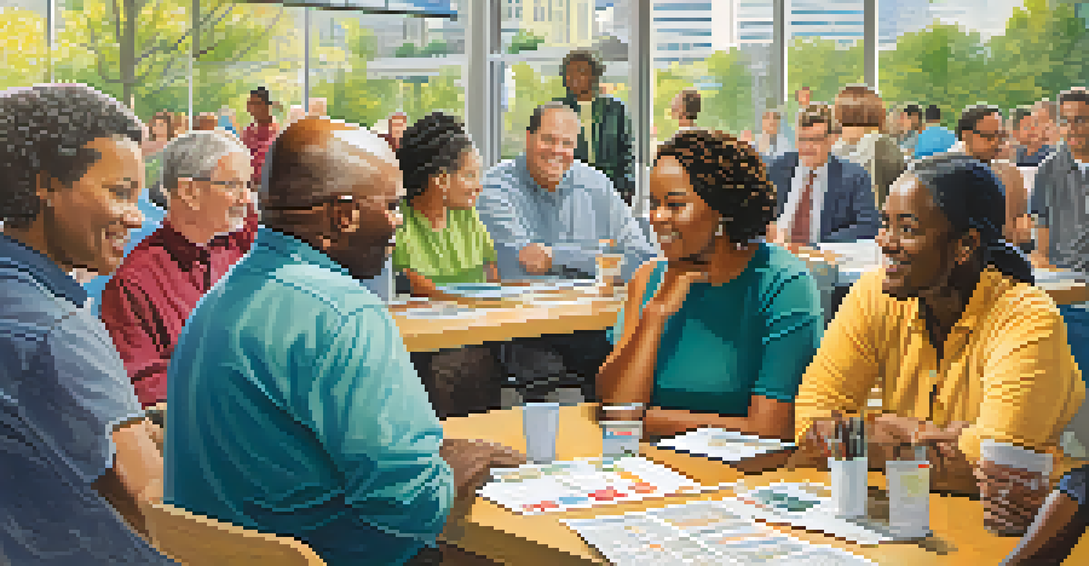 A community forum in Raleigh about public transit accessibility, featuring residents engaged in discussion with colorful posters in the background.