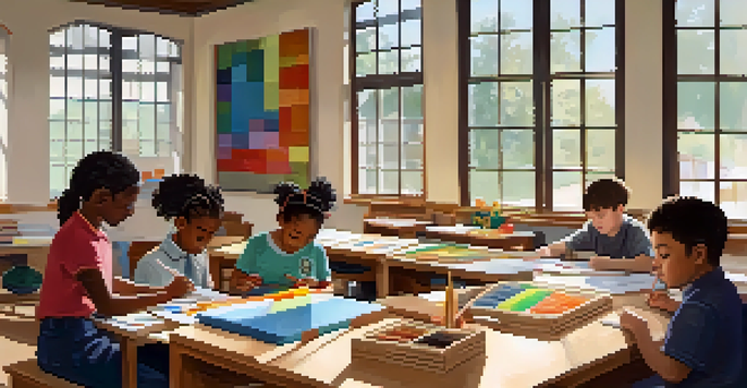 A bright and inviting classroom with diverse students participating in hands-on learning activities under the guidance of a teacher.