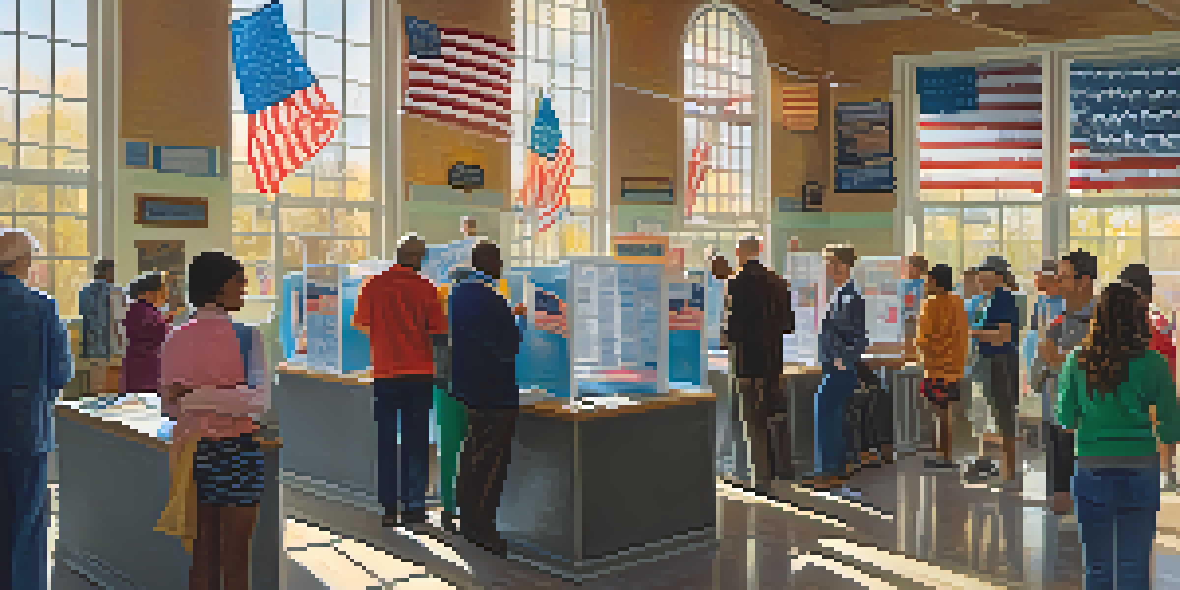 A busy polling place in Raleigh with diverse voters checking in and casting ballots, illuminated by morning sunlight.