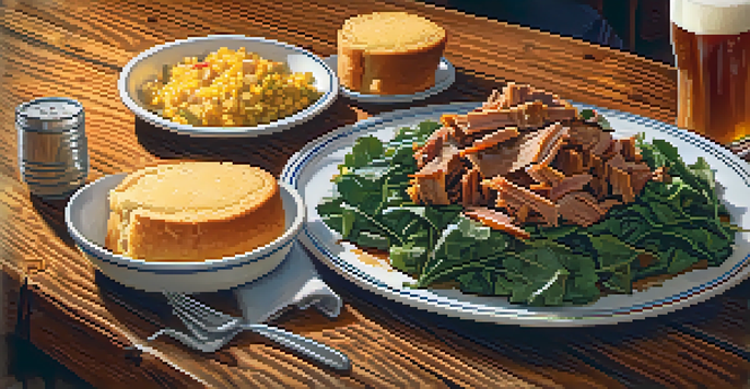 A plate of pulled pork with collard greens and cornbread on a wooden table, with a craft beer in the background.