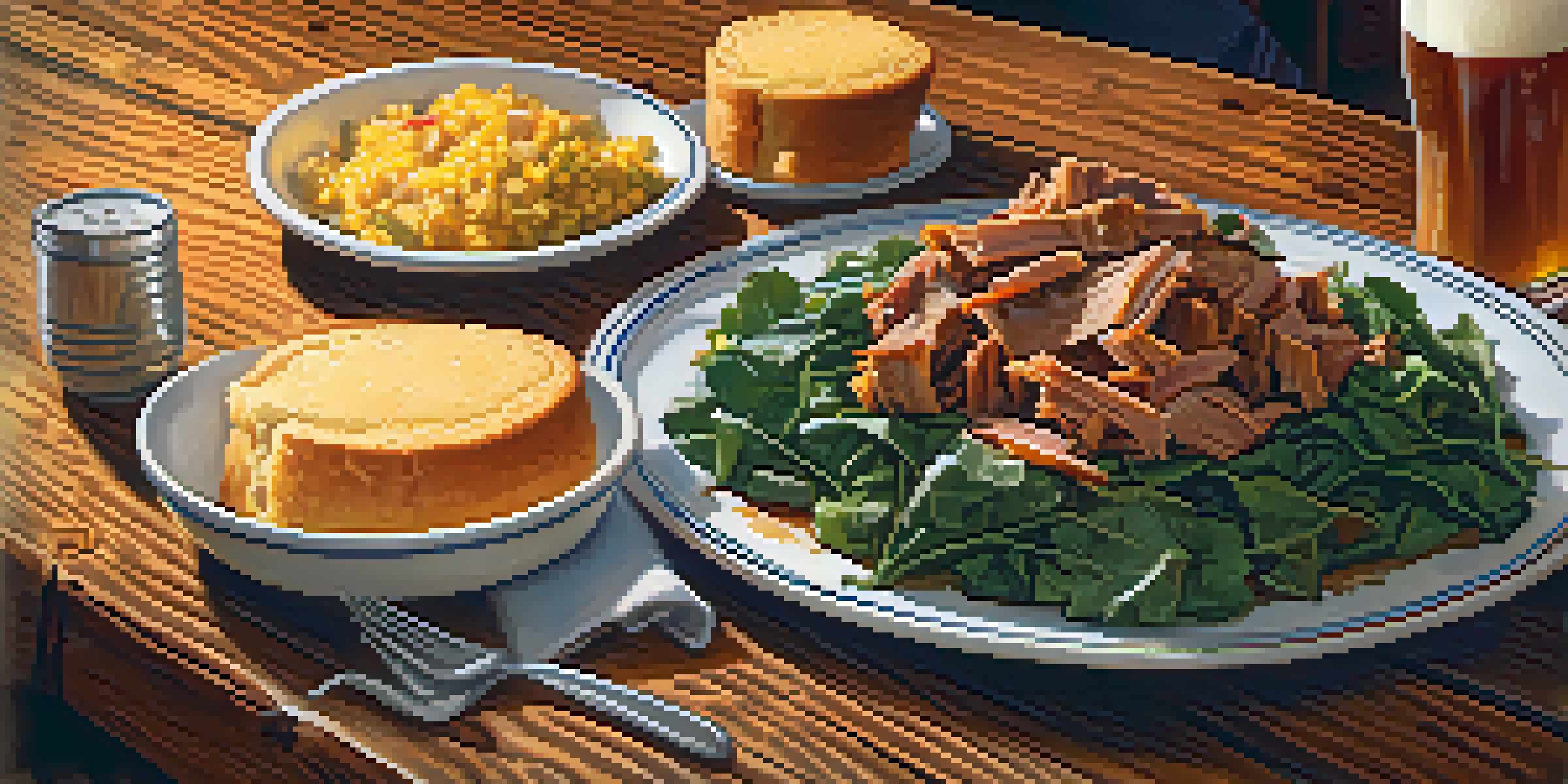 A plate of pulled pork with collard greens and cornbread on a wooden table, with a craft beer in the background.