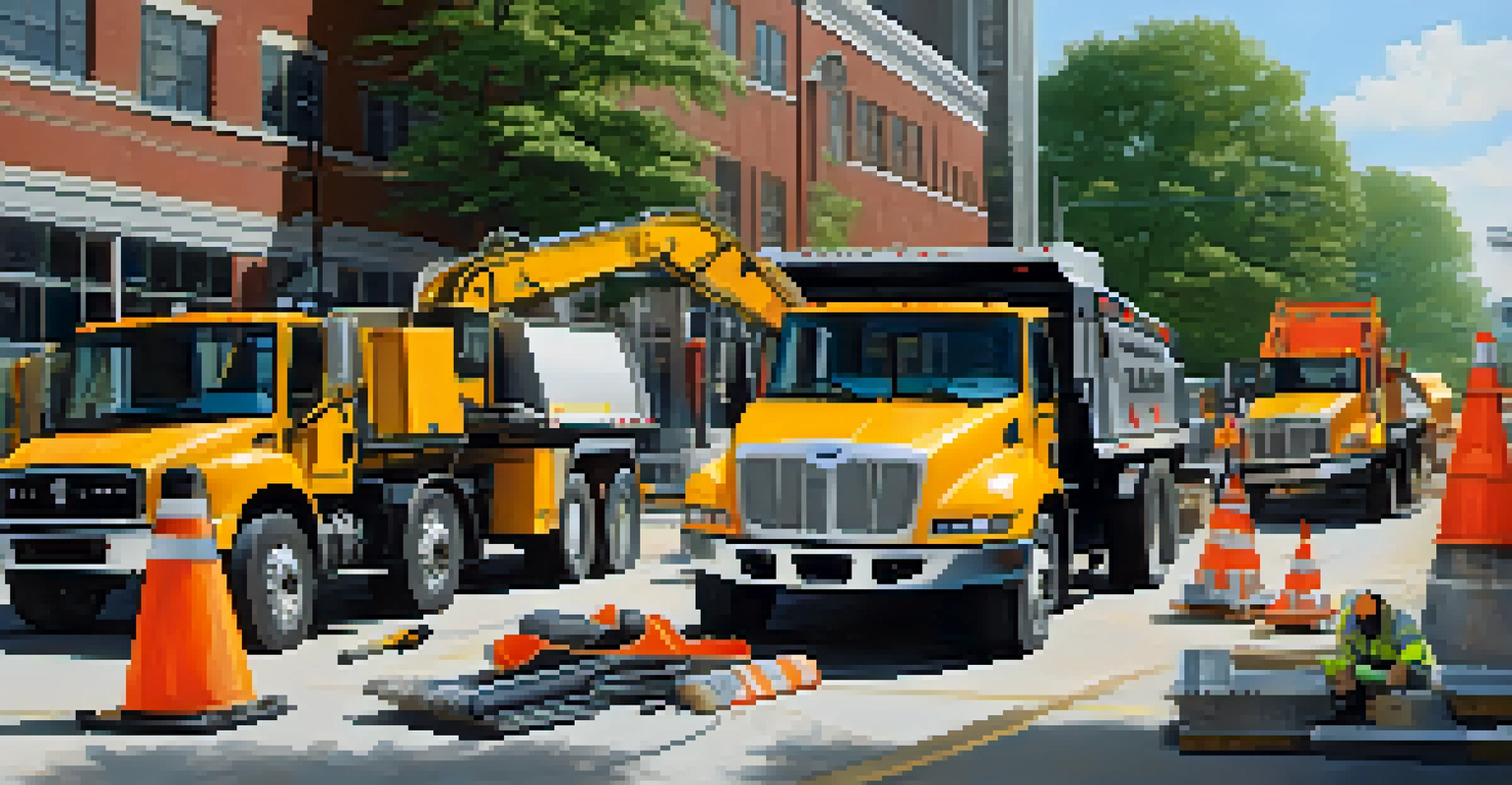 Workers from Raleigh's public works department repairing a road, with construction vehicles and safety cones in the scene, showcasing teamwork in an urban landscape.