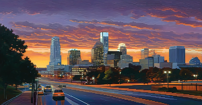 The skyline of Raleigh, North Carolina at sunset with modern buildings and colorful sky.