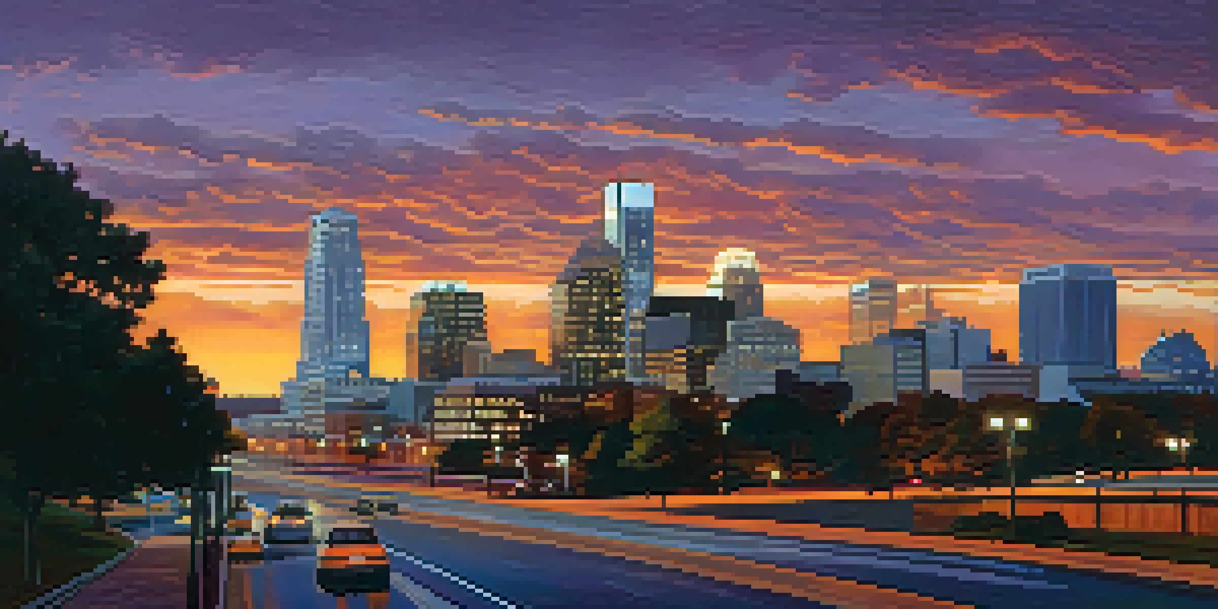 The skyline of Raleigh, North Carolina at sunset with modern buildings and colorful sky.
