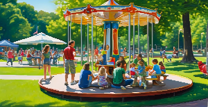 Families enjoying a sunny day at Pullen Park with children playing and picnicking.