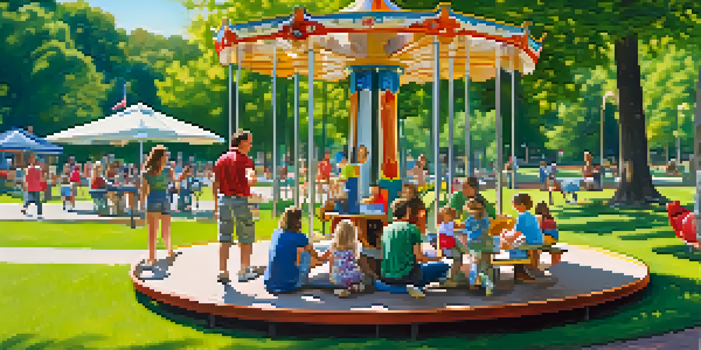 Families enjoying a sunny day at Pullen Park with children playing and picnicking.