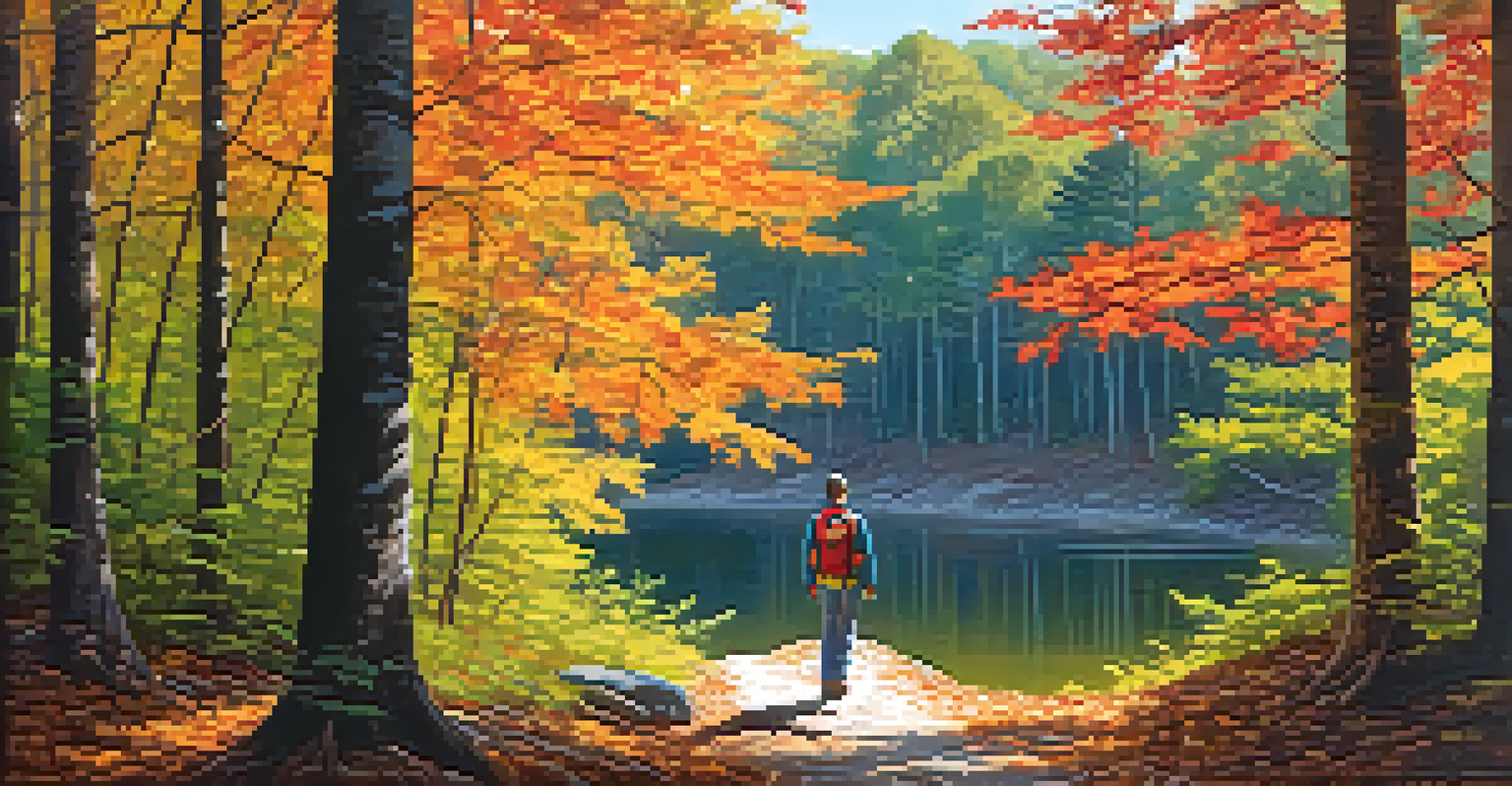 A beautiful hiking trail in a forest during autumn, with a hiker and a small lake in the background.