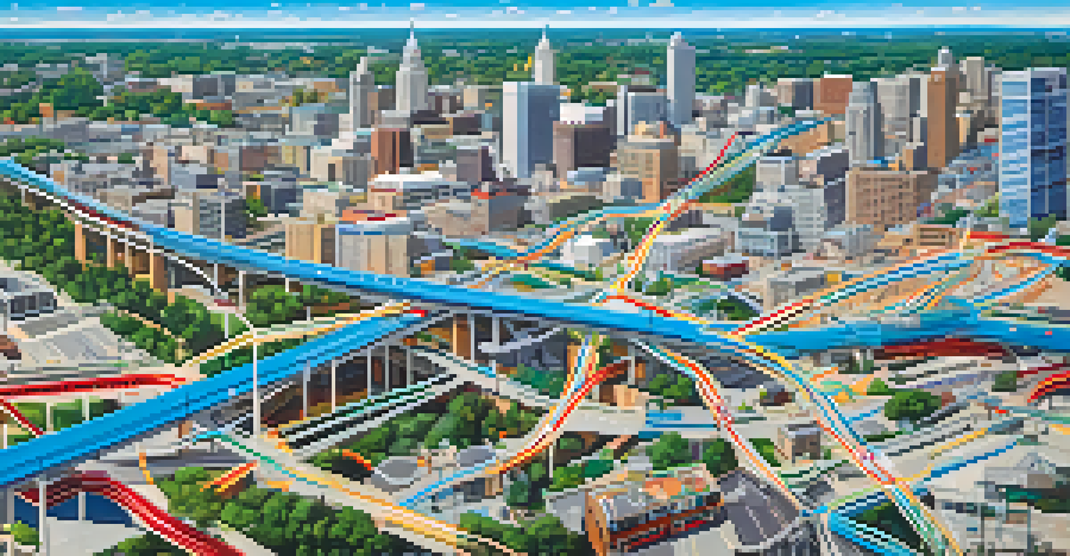 An aerial view of Raleigh's city with a map overlay showing bus routes, highlighting key areas and public transit stops against a clear blue sky.