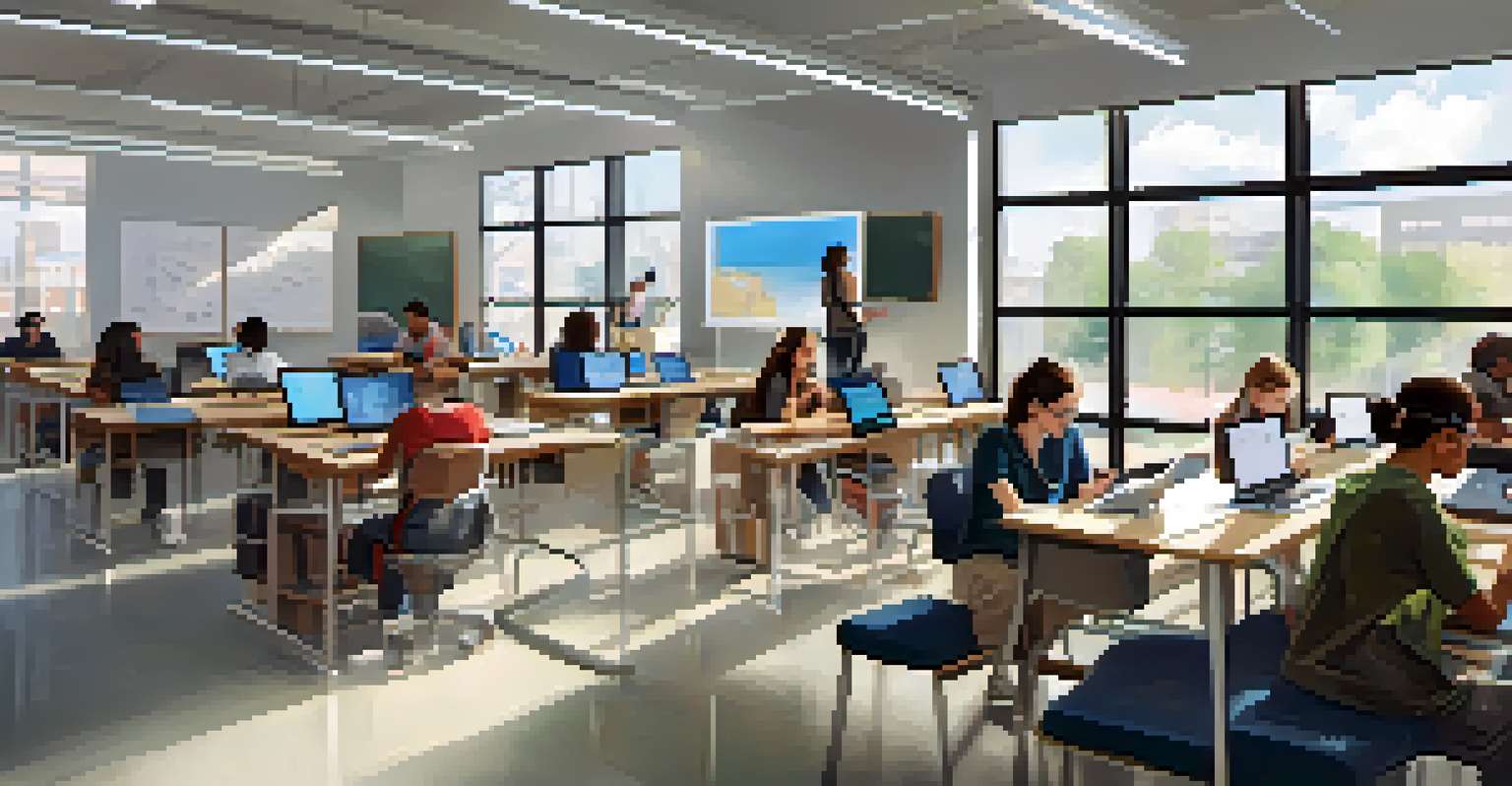 A classroom at North Carolina State University with students using technology and collaborating in a bright, open space.