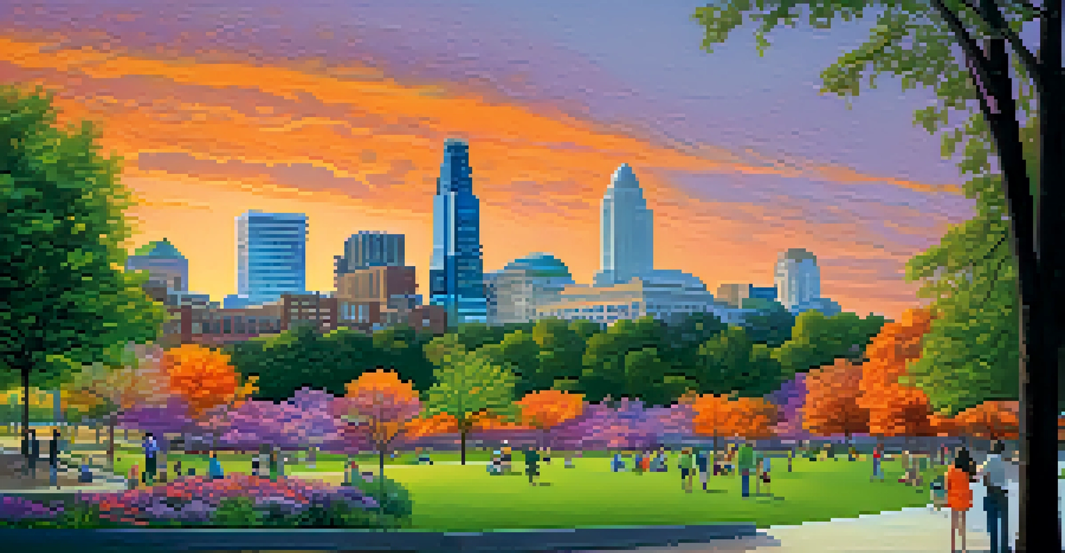 A modern skyline of Raleigh at sunset with contemporary buildings and people in a park.