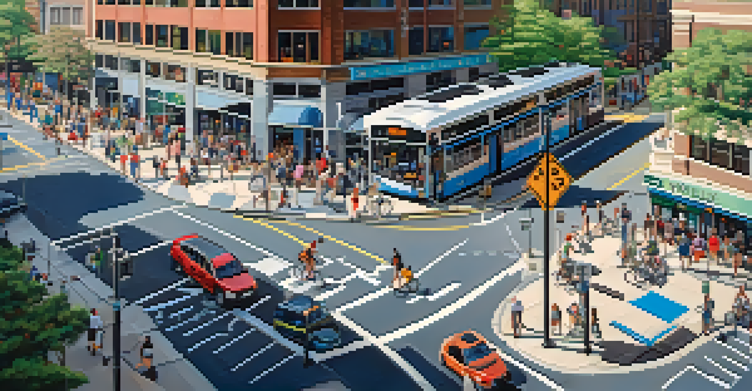 Aerial view of a busy intersection in Raleigh with buses, cyclists, and pedestrians, highlighting sustainable transportation.