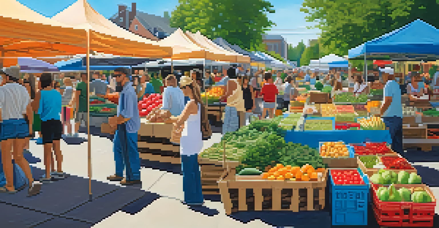 A bustling farmers' market with vendors selling fresh produce and colorful goods.