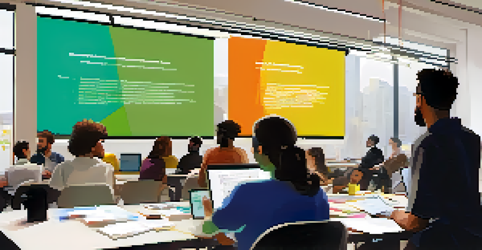 A close-up of a workshop with a facilitator demonstrating coding techniques, attendees engaged with laptops in a well-lit room.