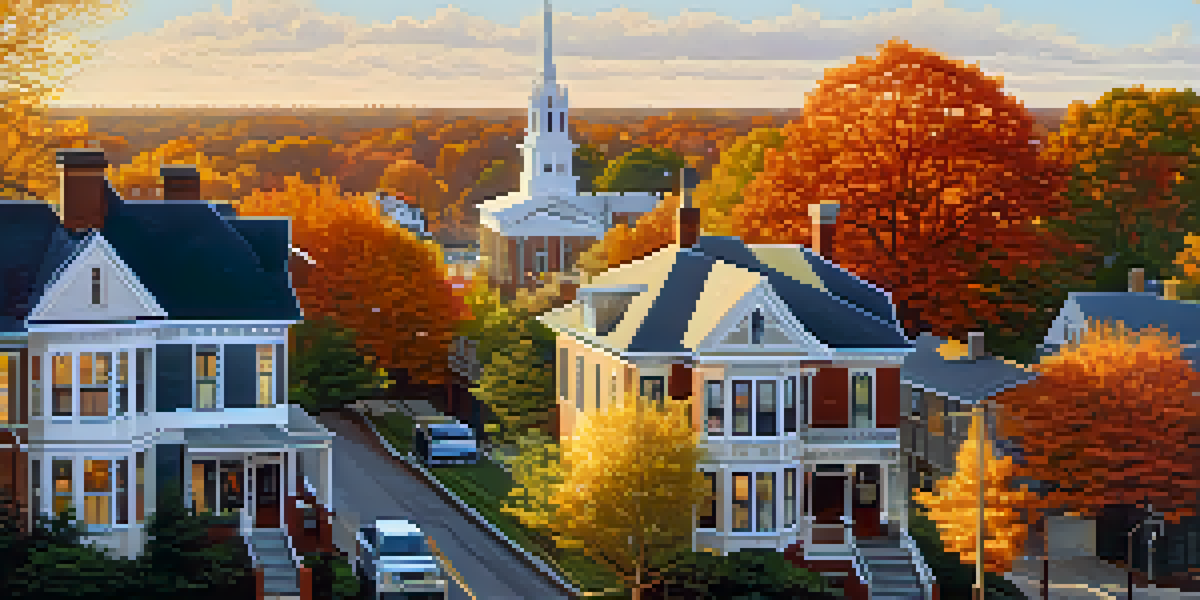 A view of Raleigh's Historic Oakwood neighborhood featuring Victorian-style homes and colorful autumn trees during sunset.