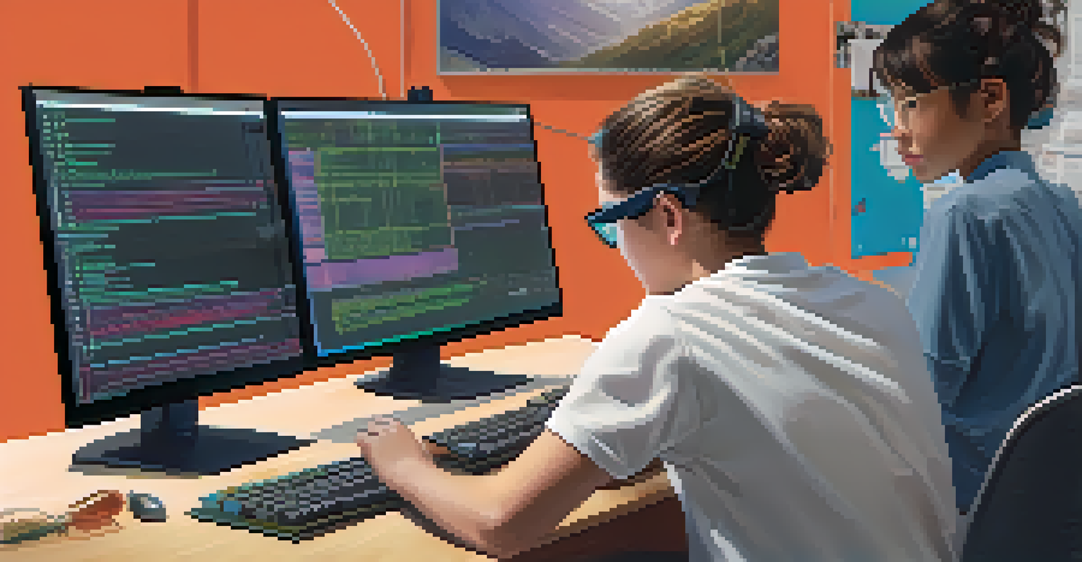 A mentor assisting a student at a computer, focused on coding, in a tech-filled workspace.