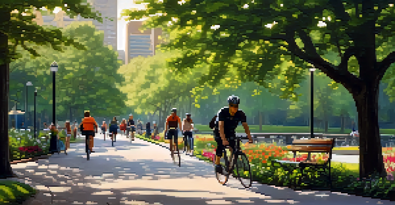 A tranquil park in Raleigh with cyclists on a winding path, surrounded by greenery and a city skyline in the background.