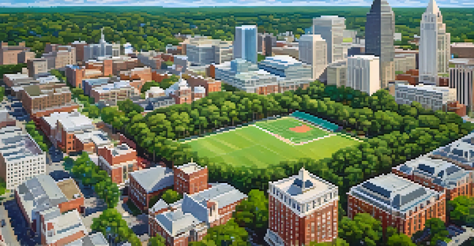Aerial view of Raleigh, North Carolina, featuring modern buildings and green parks, with the North Carolina State University campus visible.