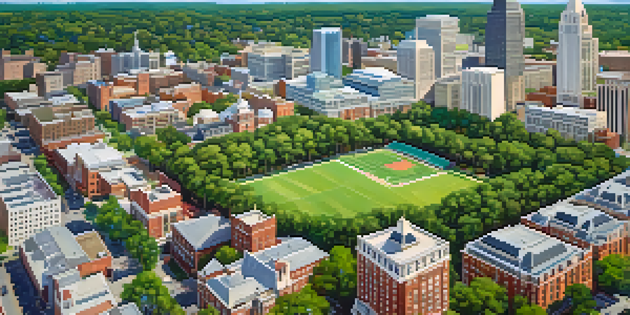 Aerial view of Raleigh, North Carolina, featuring modern buildings and green parks, with the North Carolina State University campus visible.