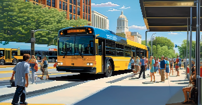 A modern bus at a bus stop in Raleigh with passengers boarding and alighting, surrounded by city buildings and greenery.