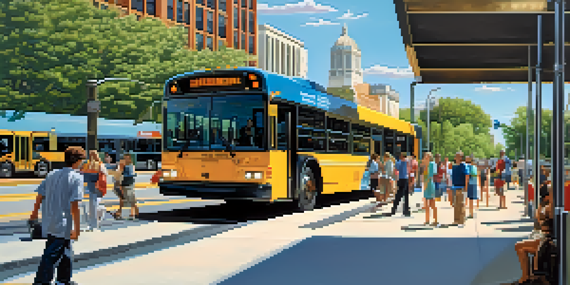 A modern bus at a bus stop in Raleigh with passengers boarding and alighting, surrounded by city buildings and greenery.