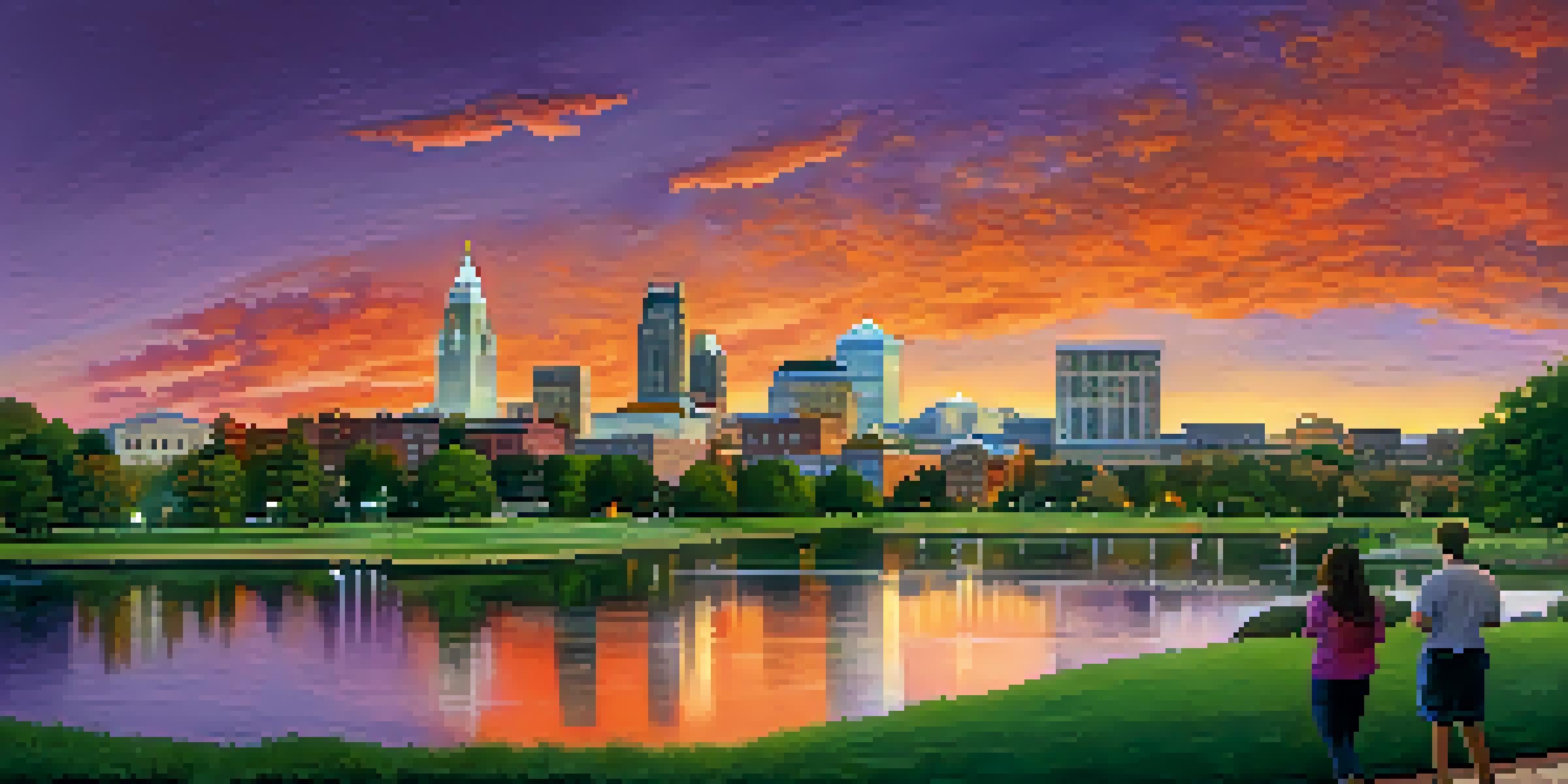 A sunset view of Raleigh's skyline with city hall and green parks, showcasing vibrant colors in the sky.