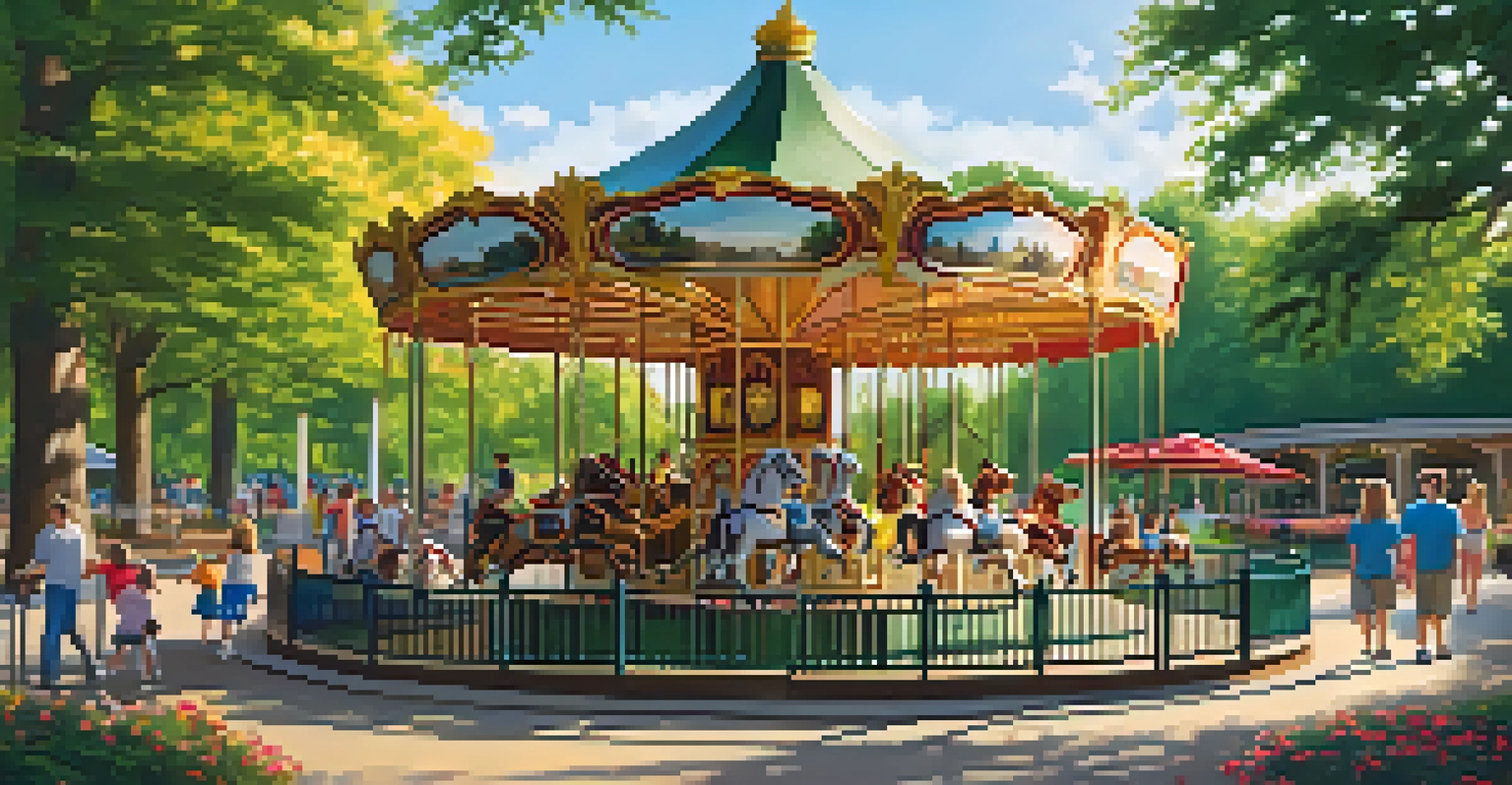 A lively scene at Pullen Park with the carousel and families enjoying the outdoor activities on a sunny day.
