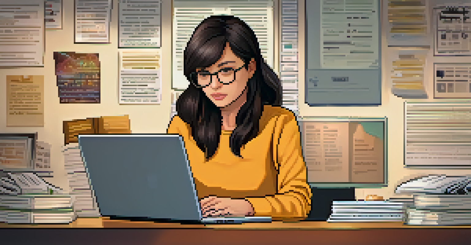 A woman focused on coding at her desk, with books and motivational quotes in a cozy workspace.