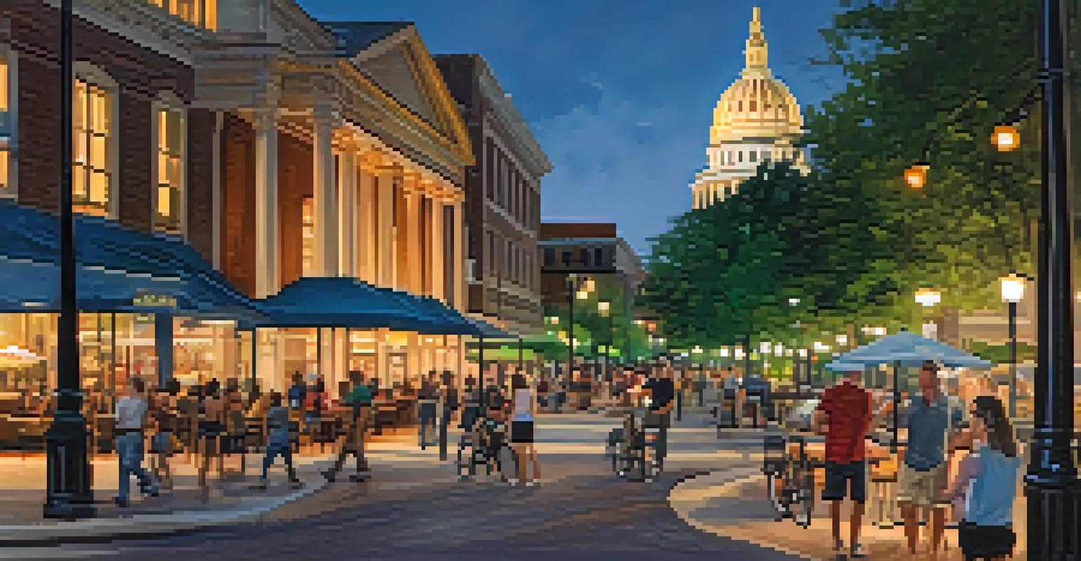 Raleigh's City Center at dusk, with people walking and cycling, the State Capitol illuminated, and lively café scenes.