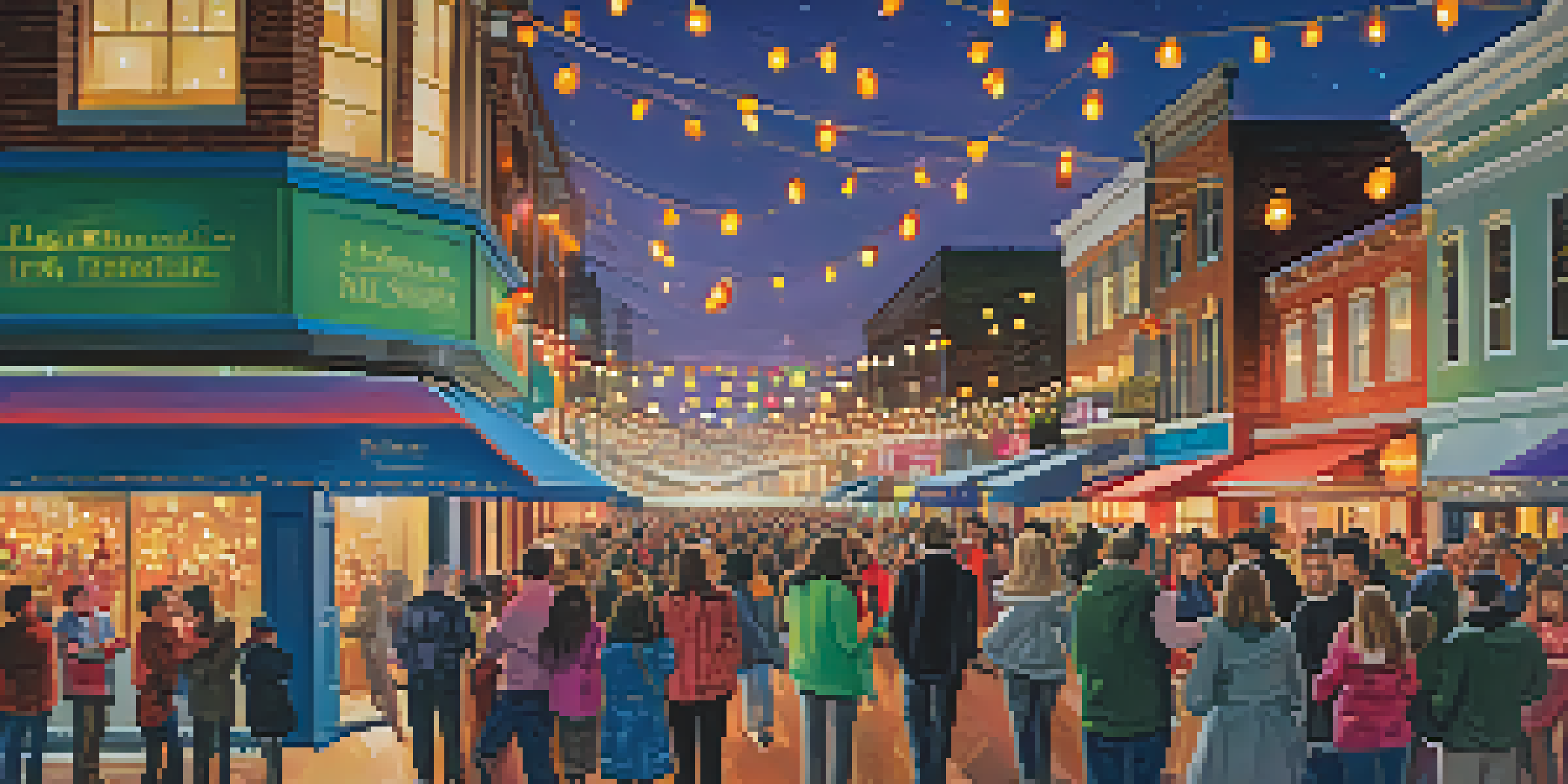 A bustling New Year's Eve celebration in Raleigh with families, live performances, colorful lights, and fireworks in the night sky.