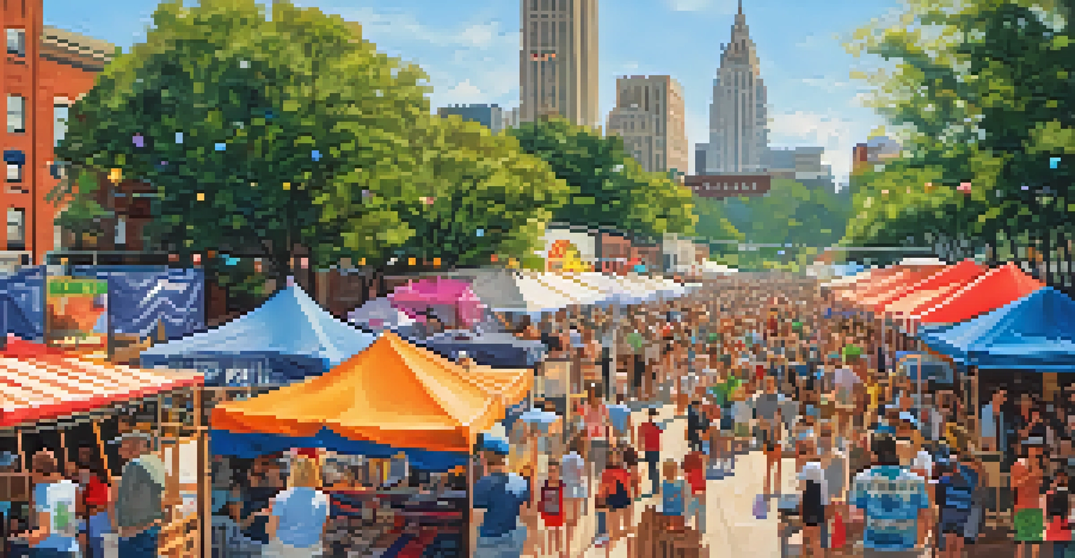 A bustling summer arts festival in downtown Raleigh, with artists, food vendors, and a local band performing in the background.