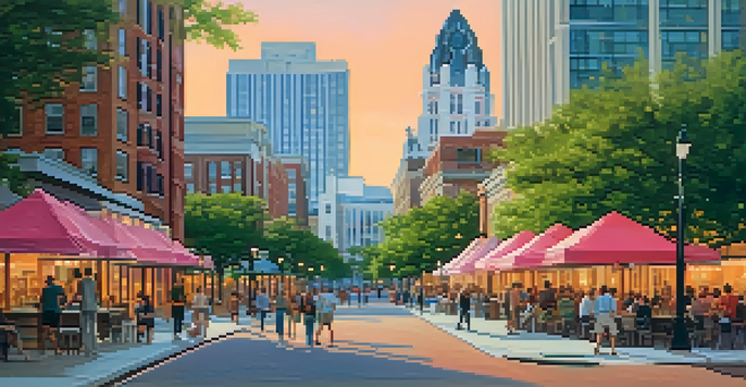 A scenic view of downtown Raleigh with a mix of modern and historic architecture under a colorful sunset sky, featuring people and greenery.