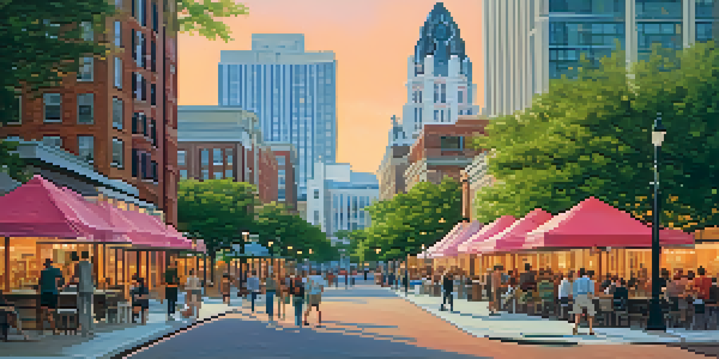 A scenic view of downtown Raleigh with a mix of modern and historic architecture under a colorful sunset sky, featuring people and greenery.