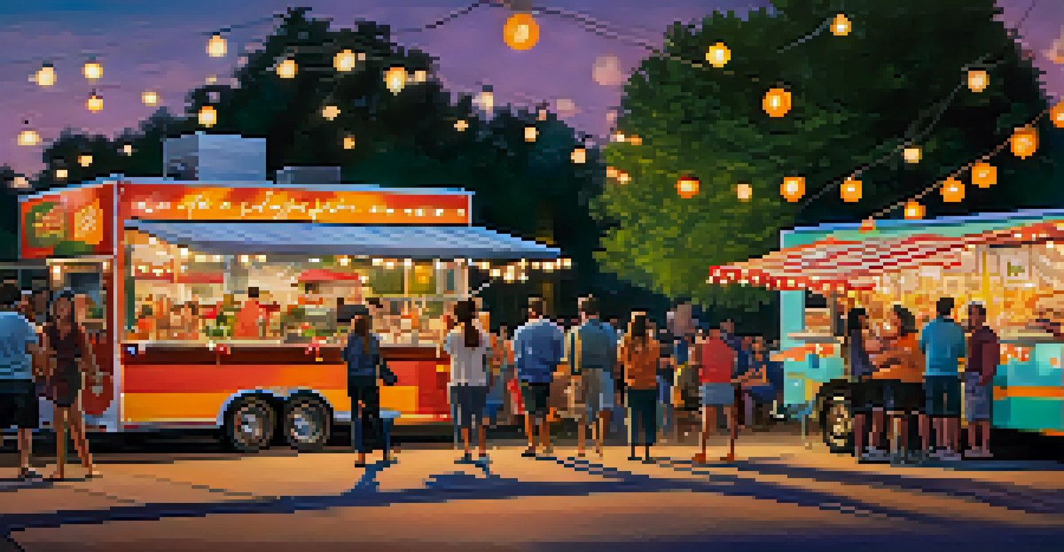 A vibrant food truck gathering in Raleigh with people enjoying diverse cuisines at picnic tables under sunset lights.