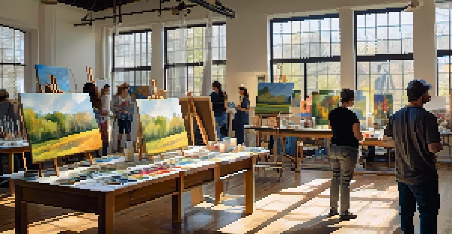 A workshop at an arts festival with artists participating in a painting class, surrounded by art supplies and natural light.