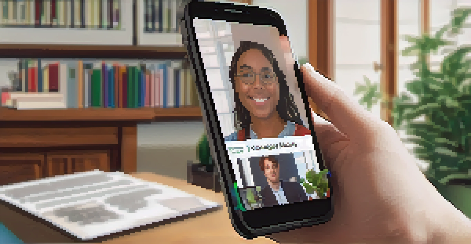 A young person engaging in a virtual town hall meeting on their smartphone, surrounded by a comfortable room filled with books and plants.