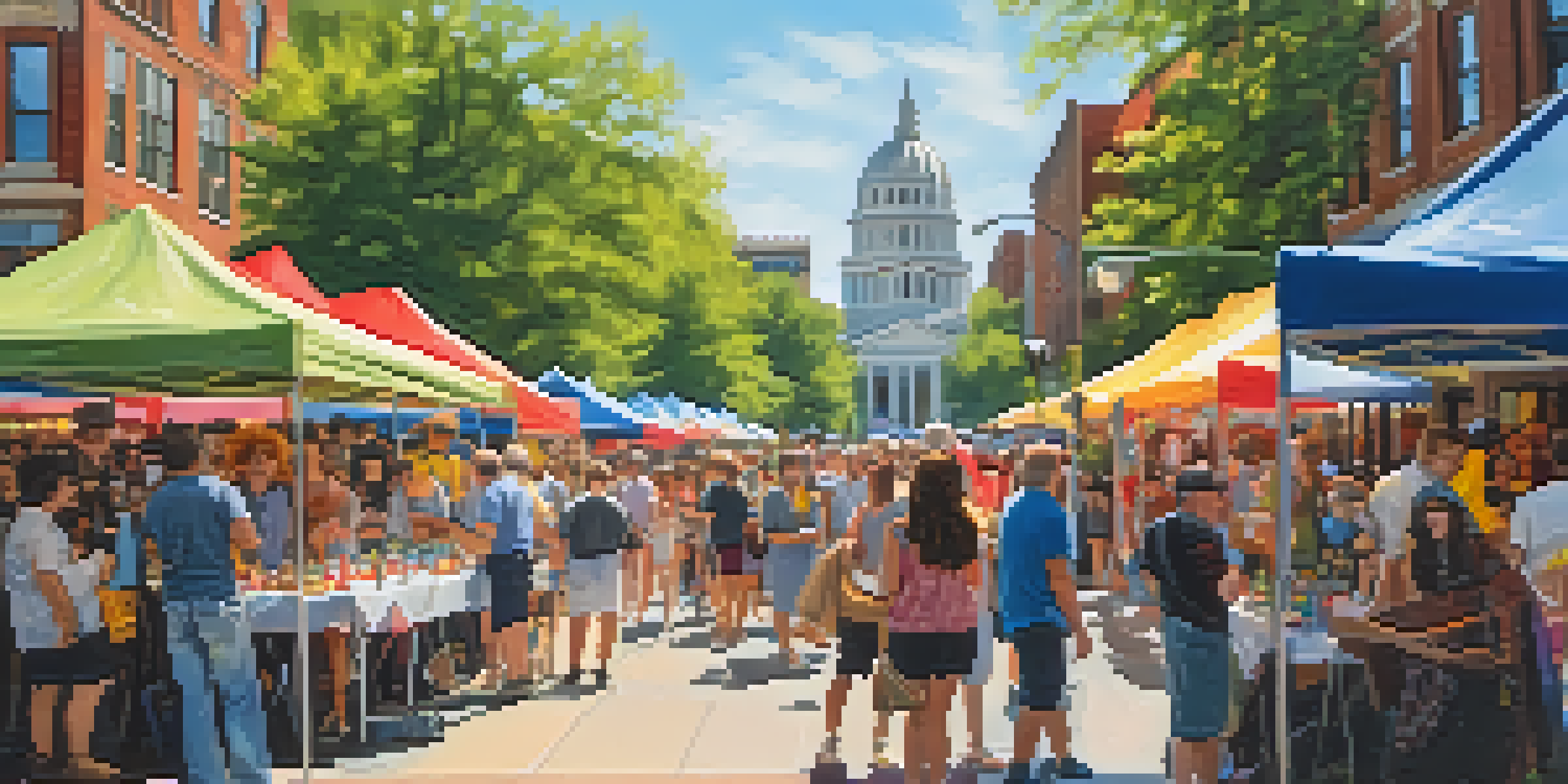 A lively street festival with colorful artwork and musicians in downtown Raleigh, filled with a diverse crowd enjoying the event.