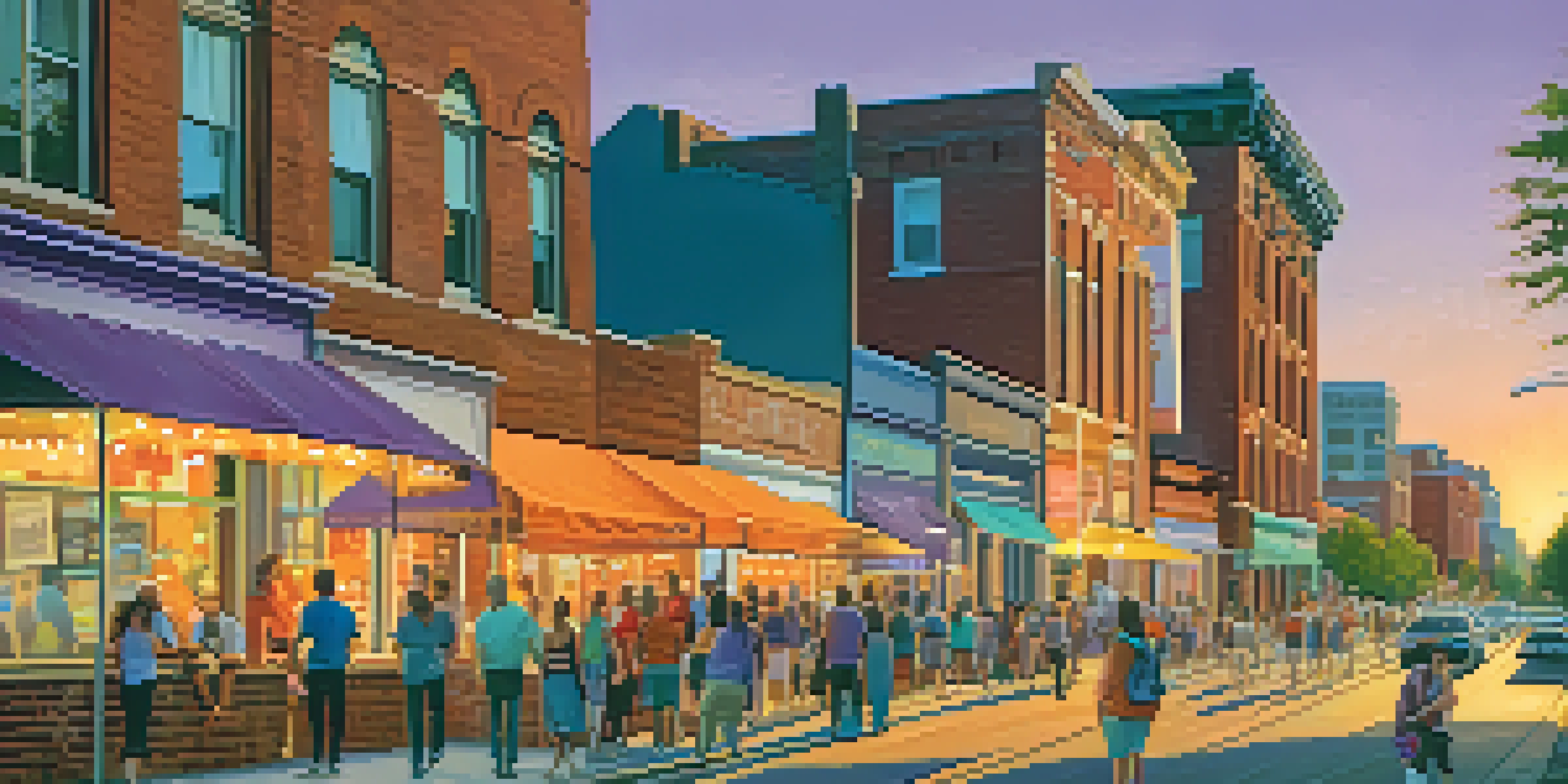 An evening art walk in Raleigh, with colorful murals and people exploring, under a sunset sky.