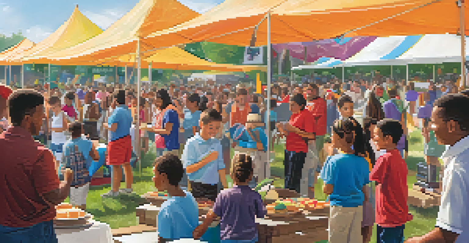 A community event with families and students celebrating educational achievements under colorful tents.