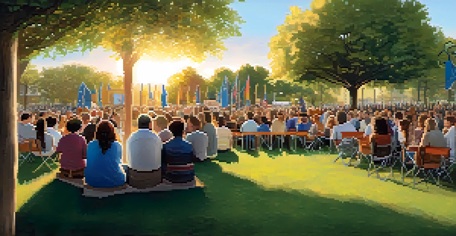 Residents gathered in a park for a public forum with council members, kids playing in the background, and warm sunset lighting.