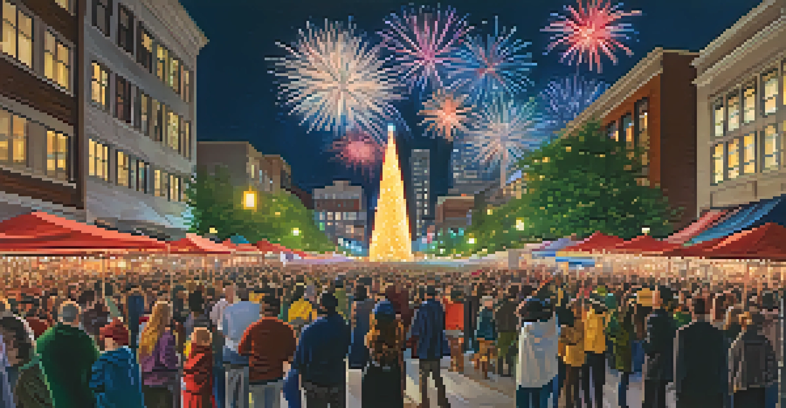 A crowded New Year's Eve celebration in Raleigh with fireworks in the sky and street performers entertaining the audience.