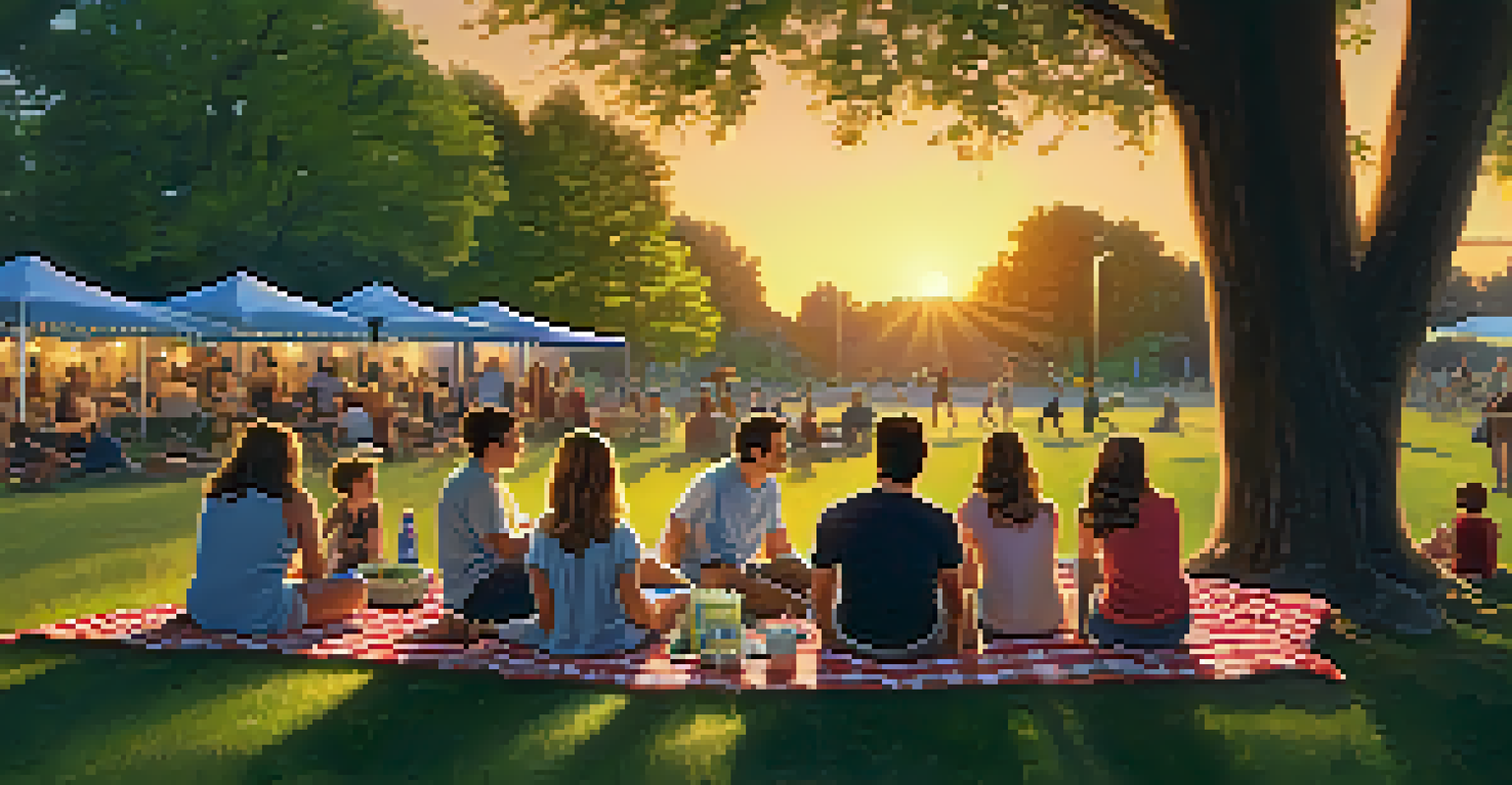 Families enjoying an outdoor movie night in a park, with a large screen and picnic blankets under a sunset sky.
